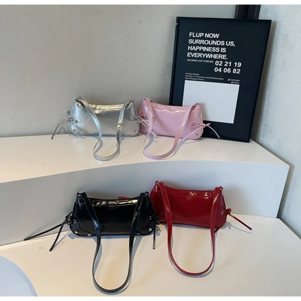 New PU Leather Shoulder Bag Solid Color Bow Tie Decor Armpit Bag Y2K Handbag Women Girls view 5