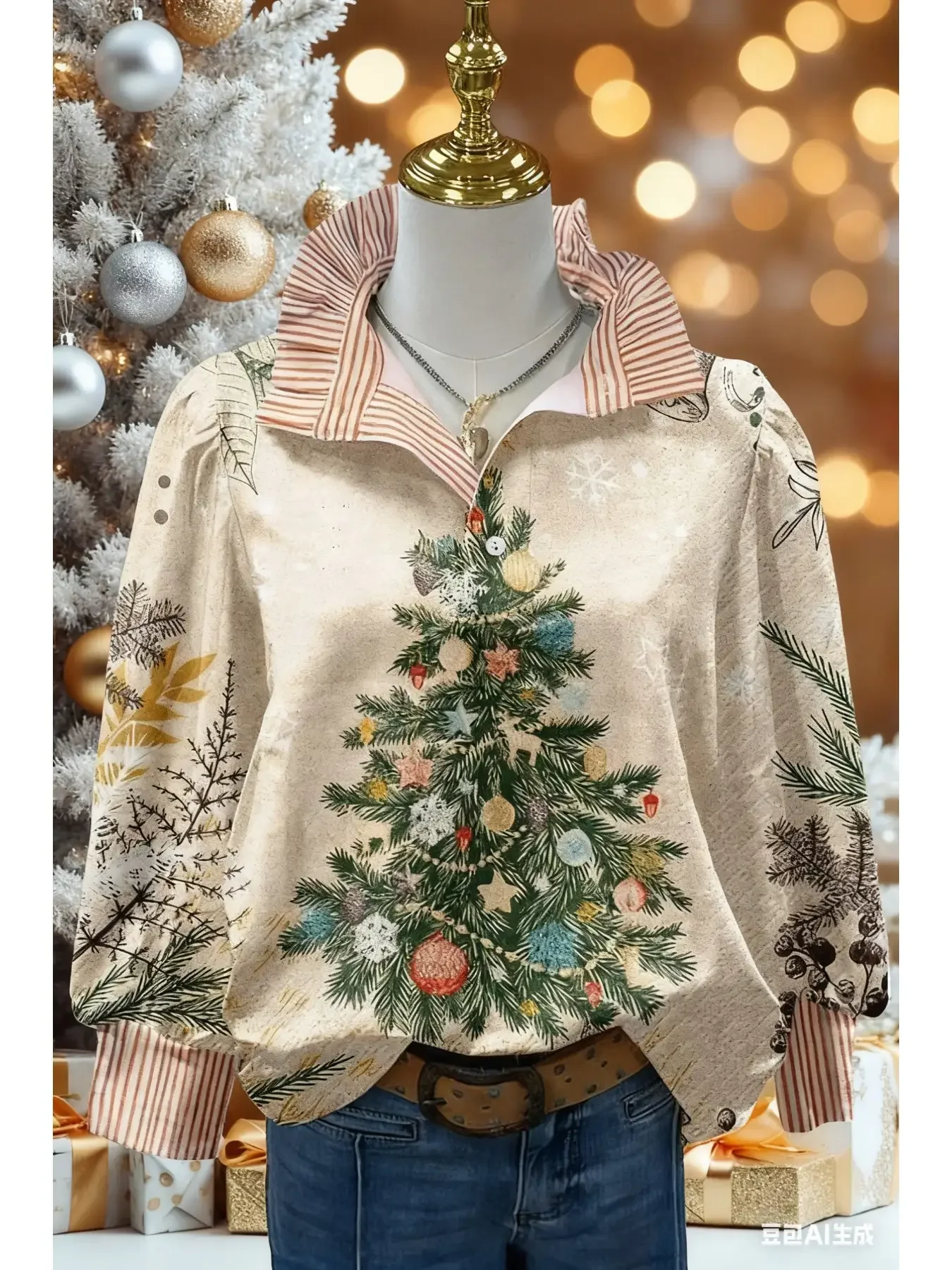 Ladies' elegant top long sleeved shirt, stand up collar style, Comfortable fit, women's shirt, multiple Christmas new styles.