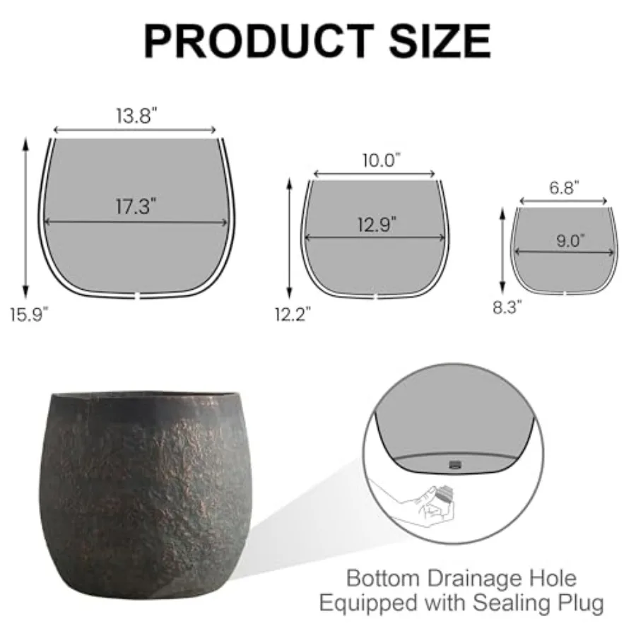 Home, Garden, Patio, Courtyard weathered concrete flower pots set of 3: 17.3+12.9+9.0 dia, modern round style, bronze rust colo