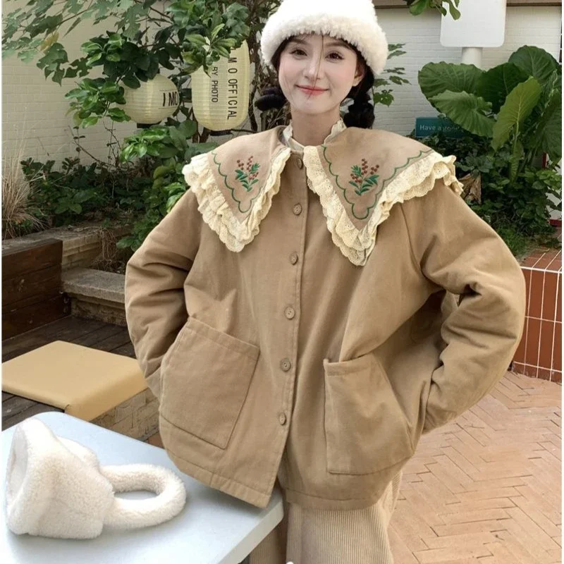 Vintage Sweet Mori Girl Style Autumn Winter Jacket Women Korean Fashion Double Layer Doll Collar Lace Edge Embroidery Loose Coat