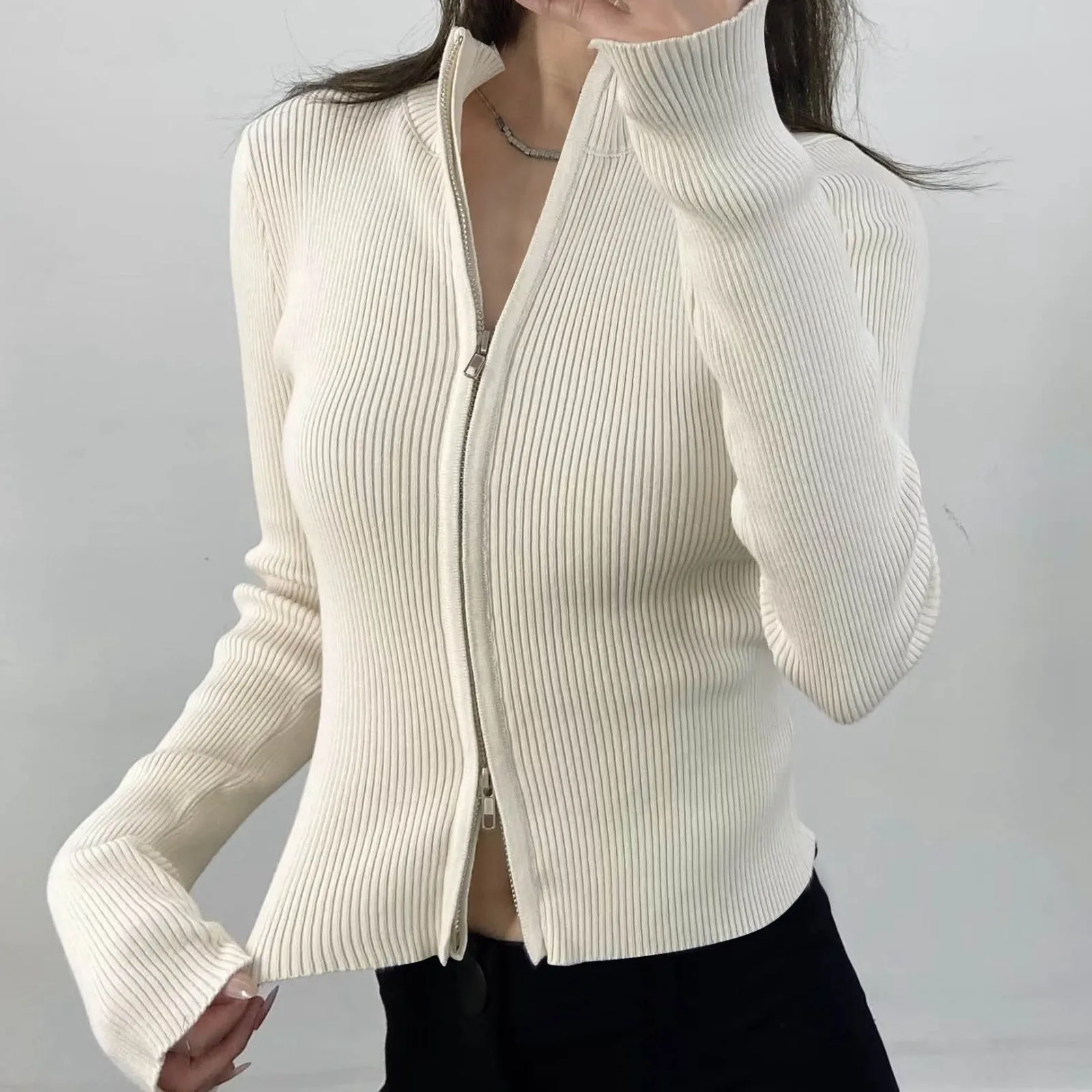 Women's Stand Up Collar Striped Double Zip Sweater Sweater Jacket Tight Stretch Slimming Women Winter Sweater Men Sweater Coat