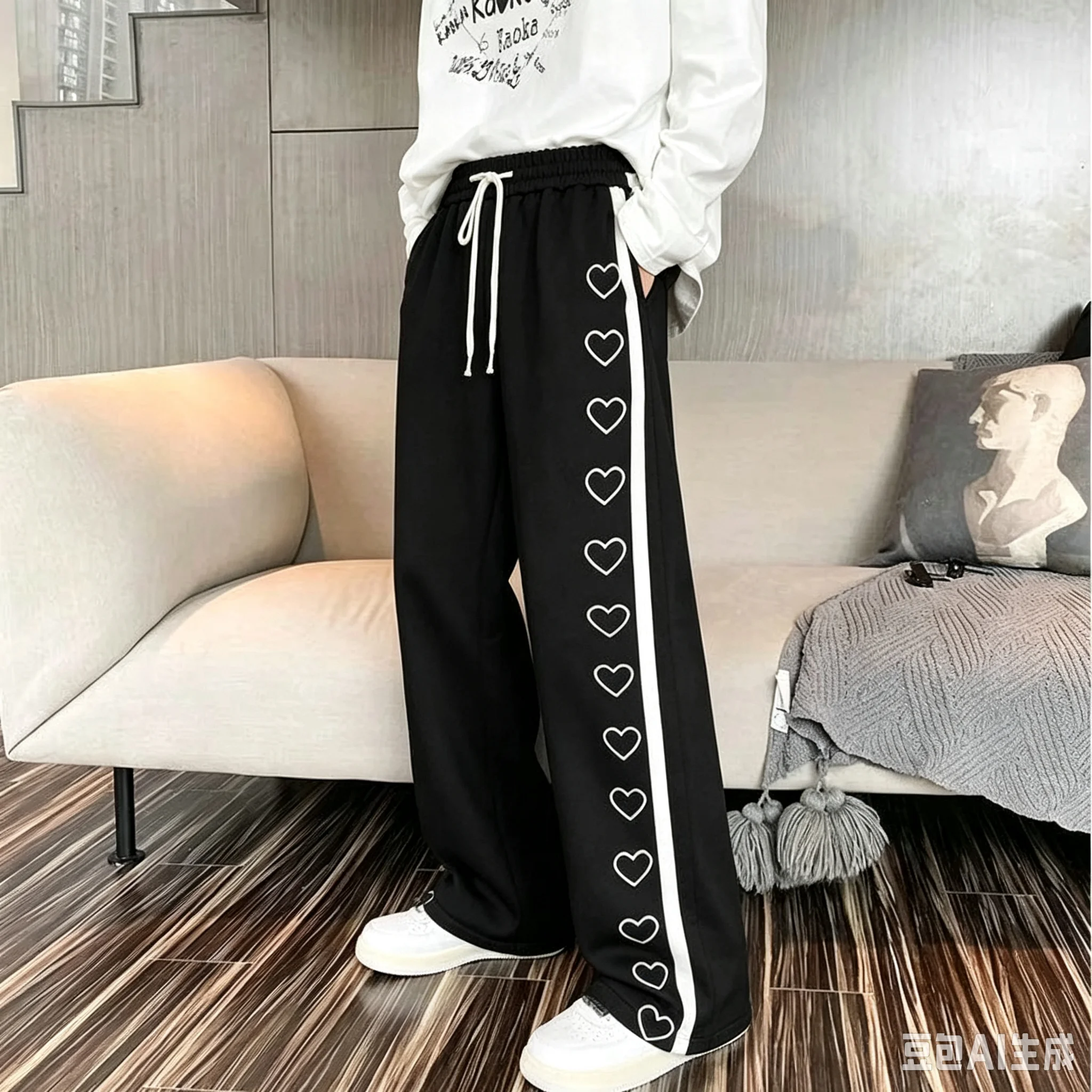 Unisex Straight Long Pants Quick Dry Hip Hop Trousers Heart Print Side Stripe Elastic Waist White Drawstring Streetwear Pants