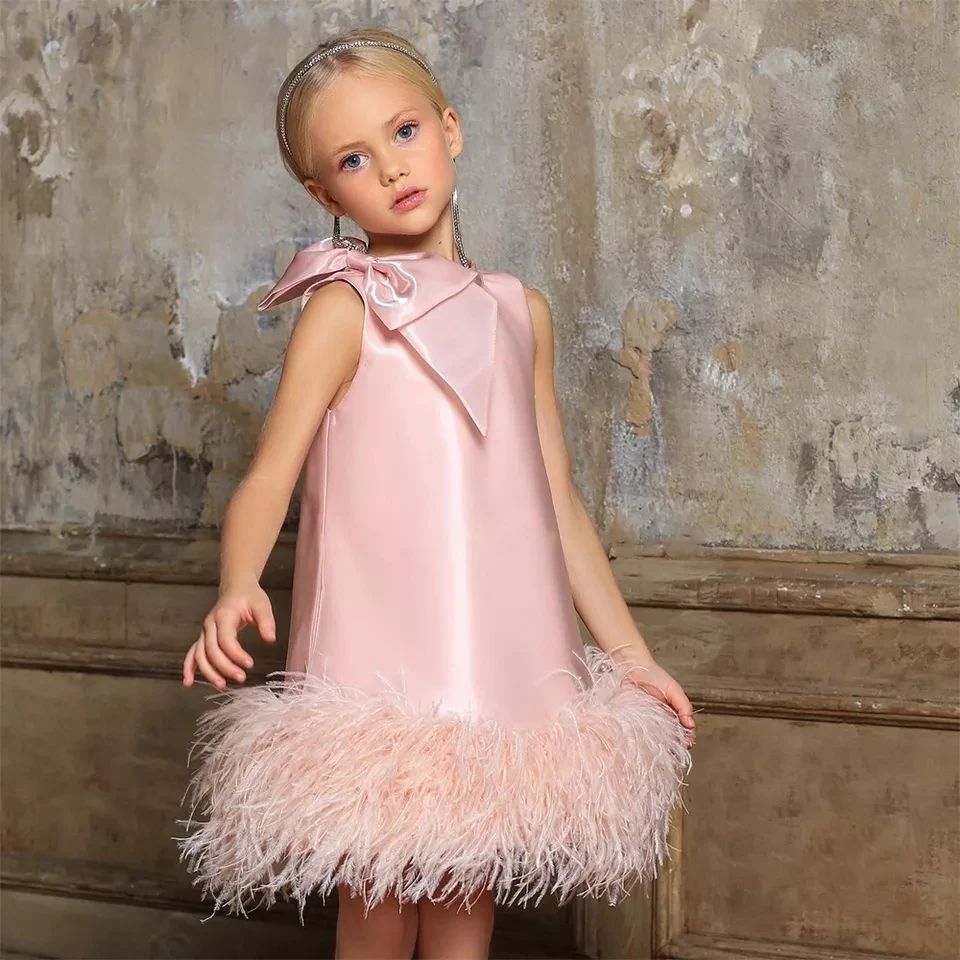 Asastationary-Robe de soirée en satin rose avec plume pour petite fille, brillant, luxueux, anniversaire, robe de princesse, robe de mariée.