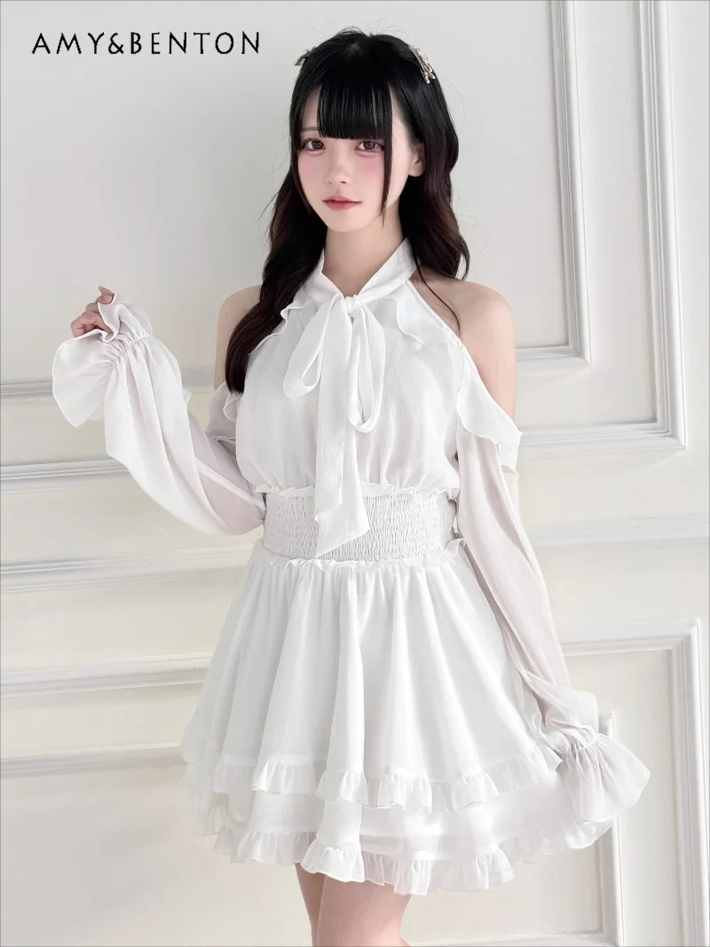 

French Elegant Off-Shoulder Dress Japanese Style Mine Series Mass-Produced Sweet Bow Long Sleeve Slim High-Waist Mini Dress