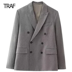 TRAF Women's Blazer Tailoring Spring 2024 Grey Blended Blazers Long Sleeves Top New In Outwears Chic And Elegant Female Blazers