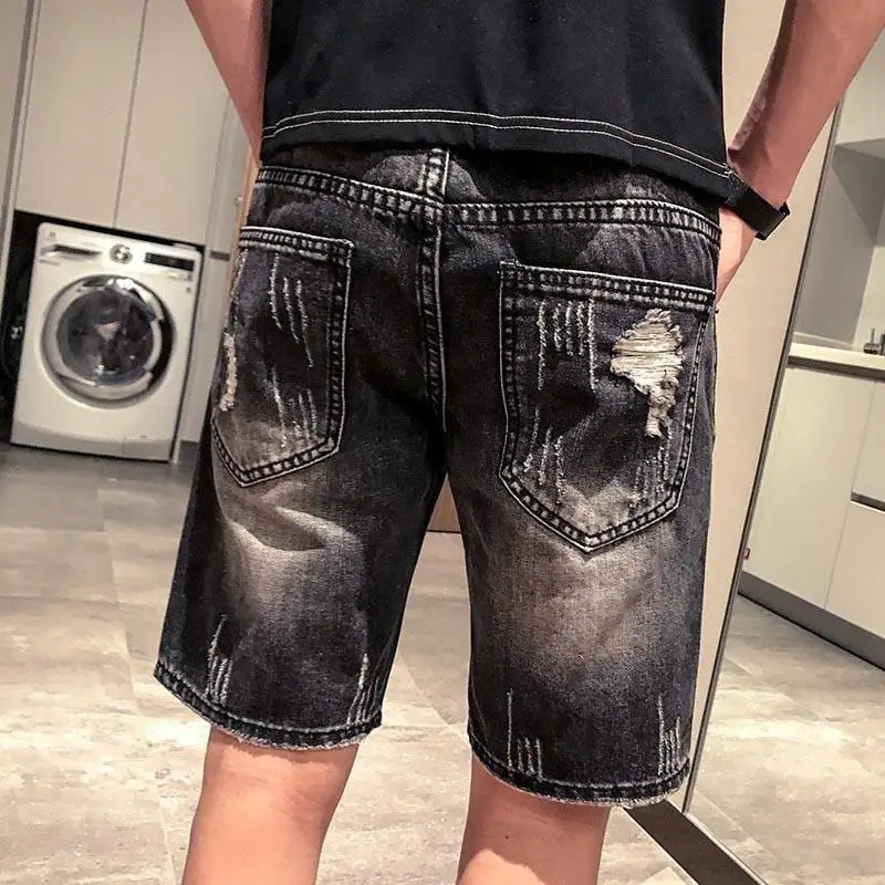 Summer New Denim Shorts Men Vintage Patchwork Hole Pocket Casual Basics Zipper Button Daily Shorts