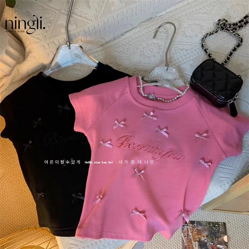 Camisa ajustada de manga corta con lazo para niña, ropa nueva de moda para niños, chaleco dulce, 24