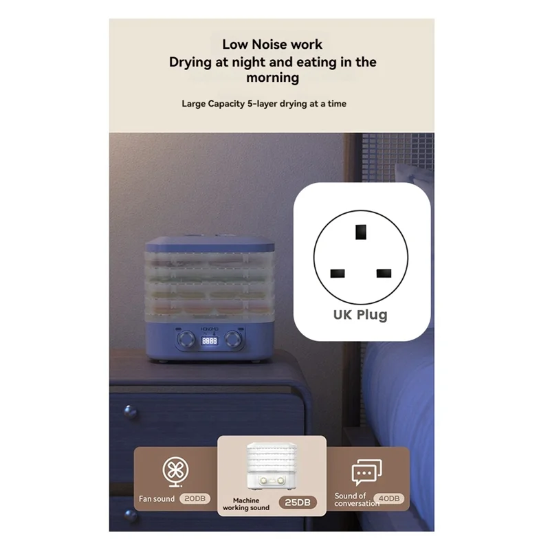 

T98C-5 Layer Smart Electric Food Dryer 360° Hot Air Circulation Drying Dried Fruit Machine Food Drying Machine UK Plug
