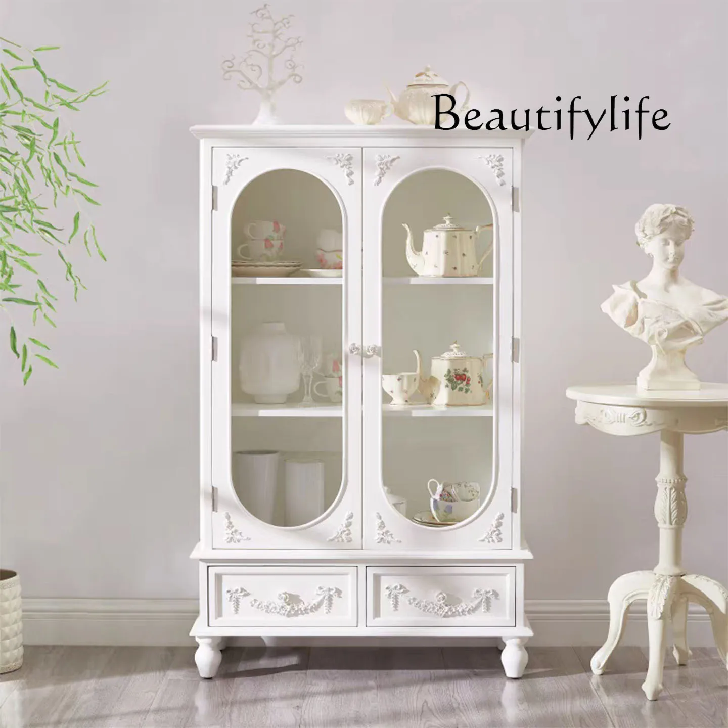 

French retro solid wood dining side cabinet opposite door storage European carved wine cabinet living room display side cabinet