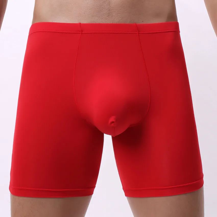 Tamanho de eur sexy cueca boxers homens shorts sólida calcinha homem de seda gelo u bolsa longo perna cueca cueca calzoncillos roupas esportivas