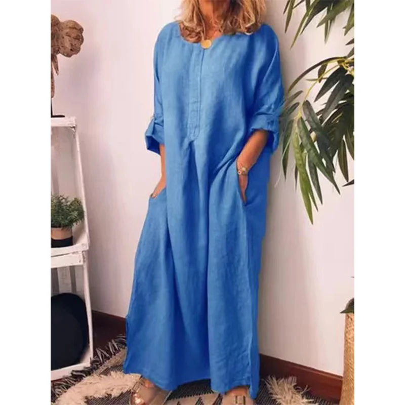 Vintage Cotton Linen Summer Clothes for Women Round Neck Solid Color Splicing Pockets Loose-fitting Long Sleeve Slit Long Dress