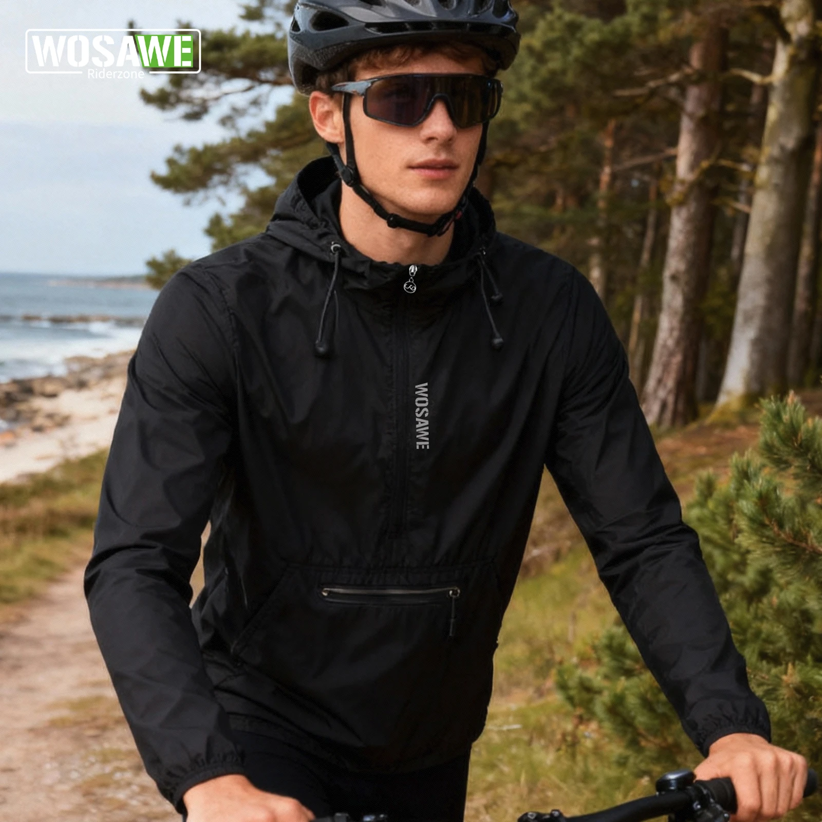 WOSAWE Herren-Fahrrad-Windjacke, winddichte Kapuzenjacke, leichte, verstaubare, wasserabweisende Jacke mit halbem Reißverschluss für Frühling und Herbst