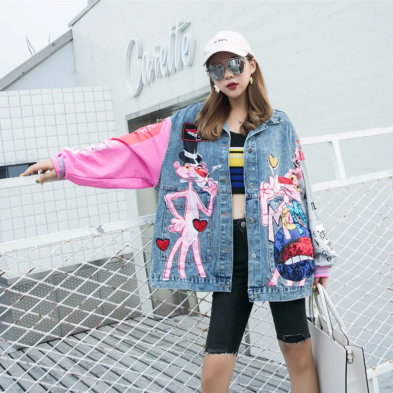 

VOLALO Autumn Cartoon Streetwear Denim Coat Single Breasted Spliced Coat Turn-down Collar Loose Coat Woman 2024