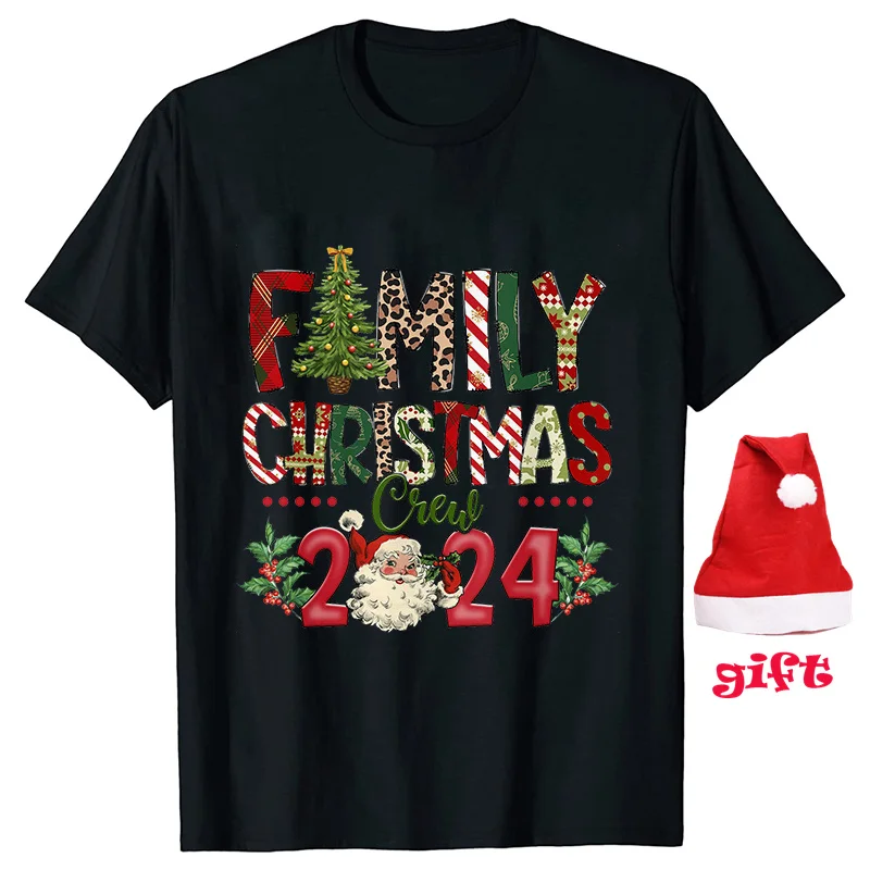 Merry Christmas Outfits Family Xmas Crew 2024 Print Matching Outfits Short Sleeve Family Tees Shirt with Christmas Hat Gift