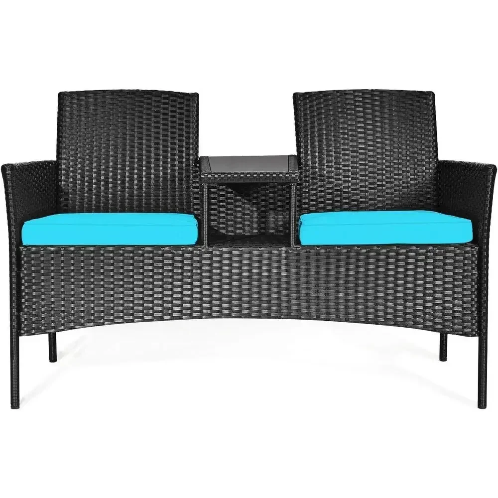Rattan Wicker Outdoor Patio Furniture Set with Table and Two Cushioned Chairs (Black + Blue)