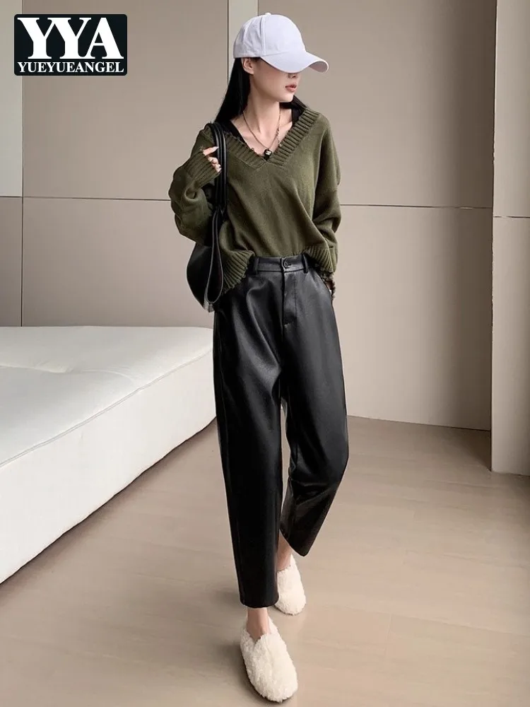 

Лидер продаж, новые осенне-зимние черные женские брюки из искусственной кожи, женские шаровары с эластичной резинкой и высокой талией, повседневные повседневные брюки до щиколотки