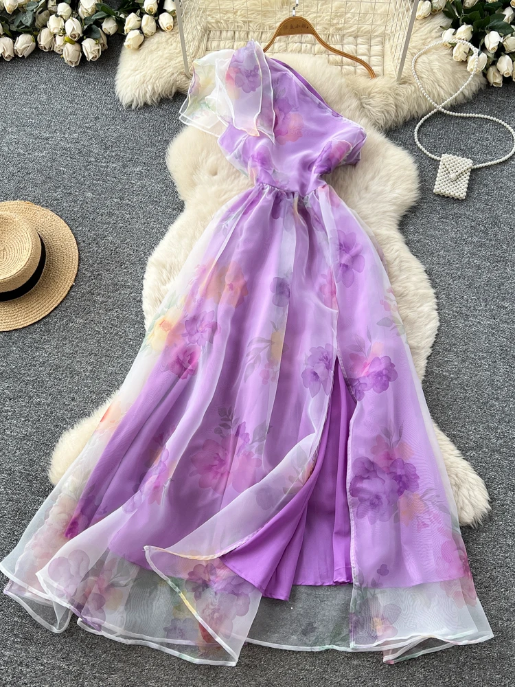 

Ele Romantic Sle Asymmetrical oulder Long Dr Women's Purple Tulle Waist Cinched Skirt High Waist Summer Dr