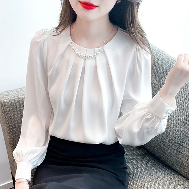 New O-Neck Women Blouse Beading Long Sleeve White Blouse Shirt Women Tops Camisas Blusas Camisas De Mujer Blusas Para Mujer M830