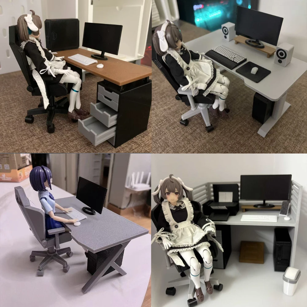 

Оригинальный дизайн, миниатюрный офисный компьютерный стол и стул в масштабе 1/12, модель, аксессуары для сцен, подходят для 6-дюймовых фигурок.