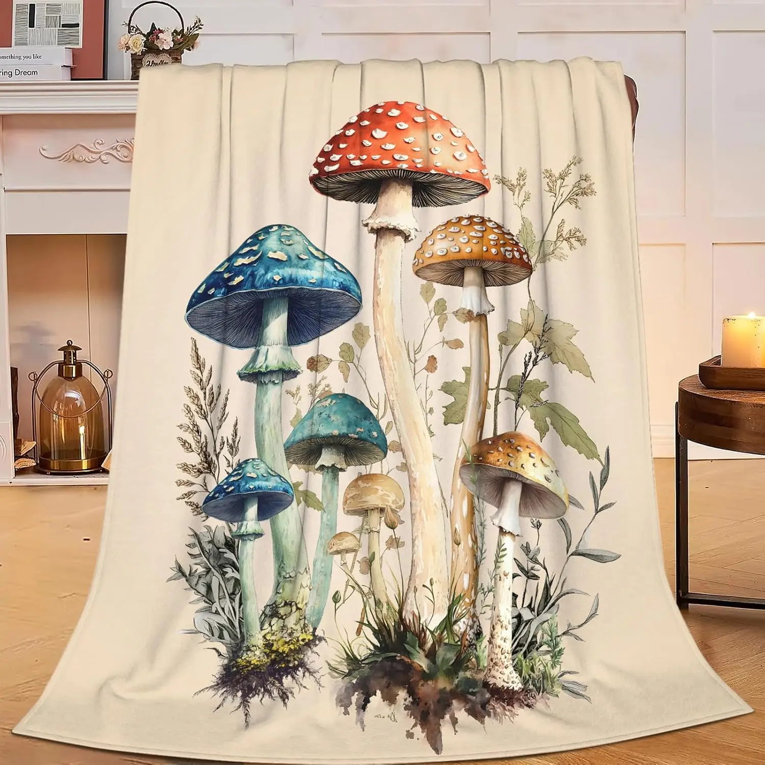 Hand Painted Red Blue Wild Mushroom Herbs Botanical Watercolor Pattern Comfortable Fleece Blanket Fit Sofa Bed Cottage Household