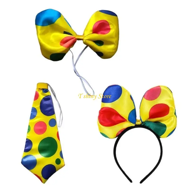 N58F Polka Dot Clown Tie Clown Bow Tie Costume Circus Bow Tie Polka Dot Bow Headband Clown Cosplay Tie Halloween Dress Up