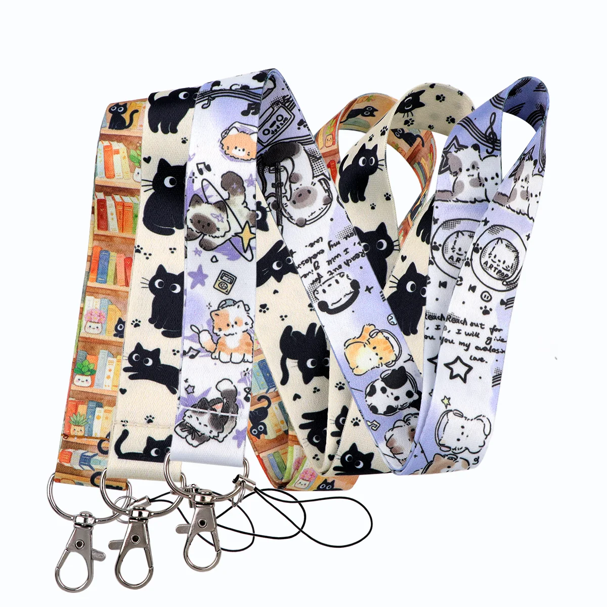 Bookshelf Black Cat Strap Keychain Book Lover Lanyard For Cars Motorcycles Key Anti-Lost Rope Fahion Accessories Gift for Friend