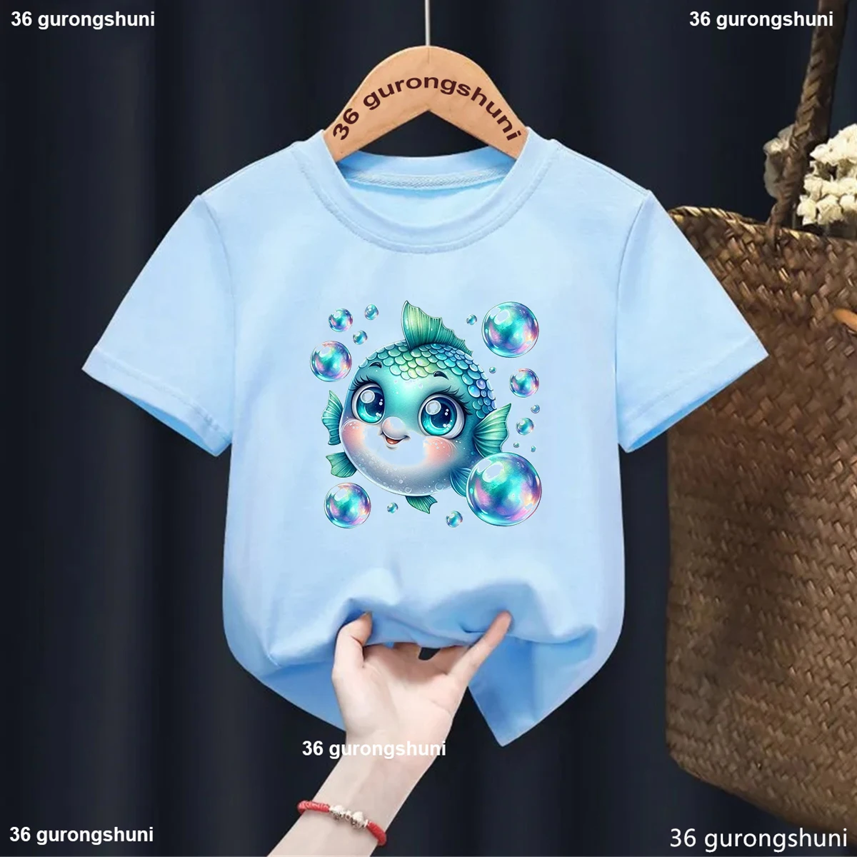 Funny Bubble Fish Watercolor Dolphin Cartoon Print Girls Tshirt Cute Marine Creatures Graphic Boys T Shirt Summer Blue Shirt Top