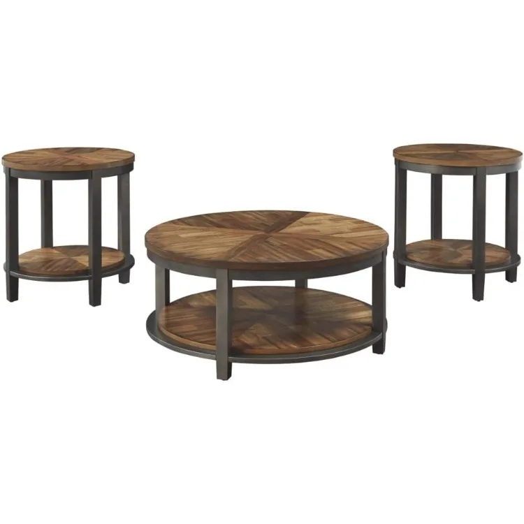 Roybeck Rustic Round 3-Piece Table Set, Includes 1 Coffee Table and 2 End Tables with Fixed Shelf, Light Brown