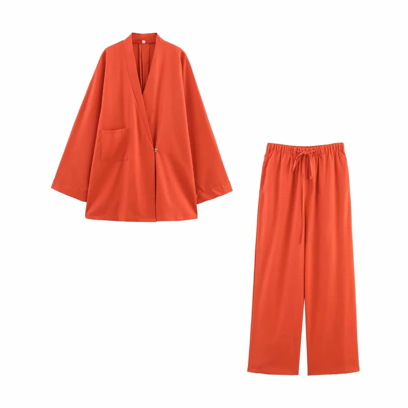 

Однотонный красный повседневный свободный костюм с v-образным вырезом, пальто, комплект с длинными брюками, женская модная уличная одежда, широкий брючный костюм