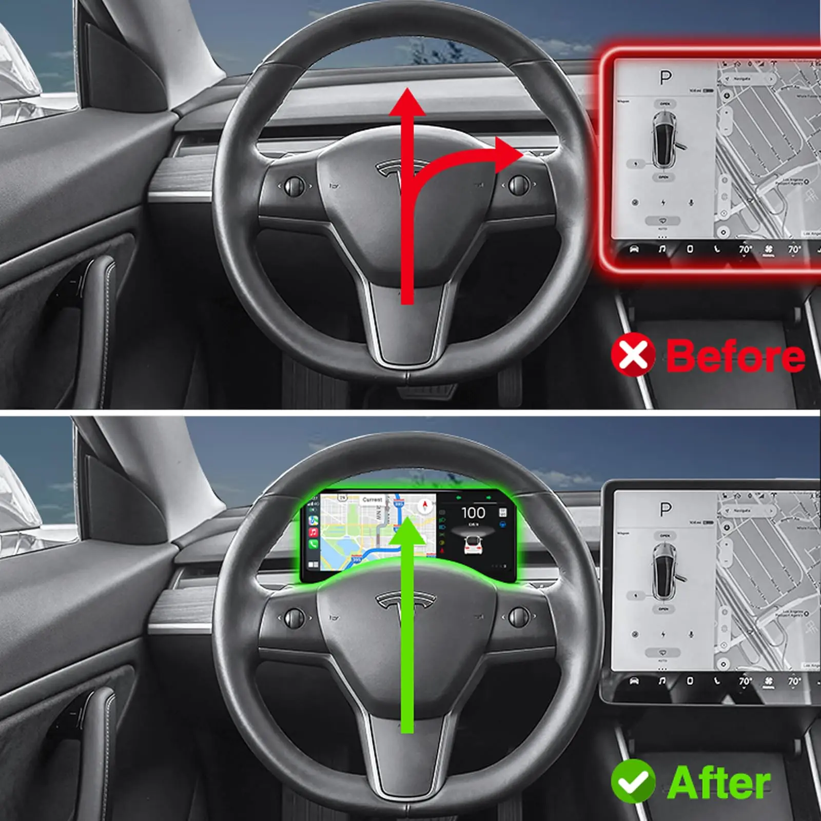 9 In Wireless/Wired Carplay Android Auto Bluetooth Head Up Dashboard Display For Tesla Model Y 2019-2024 & Model 3 2017-2023