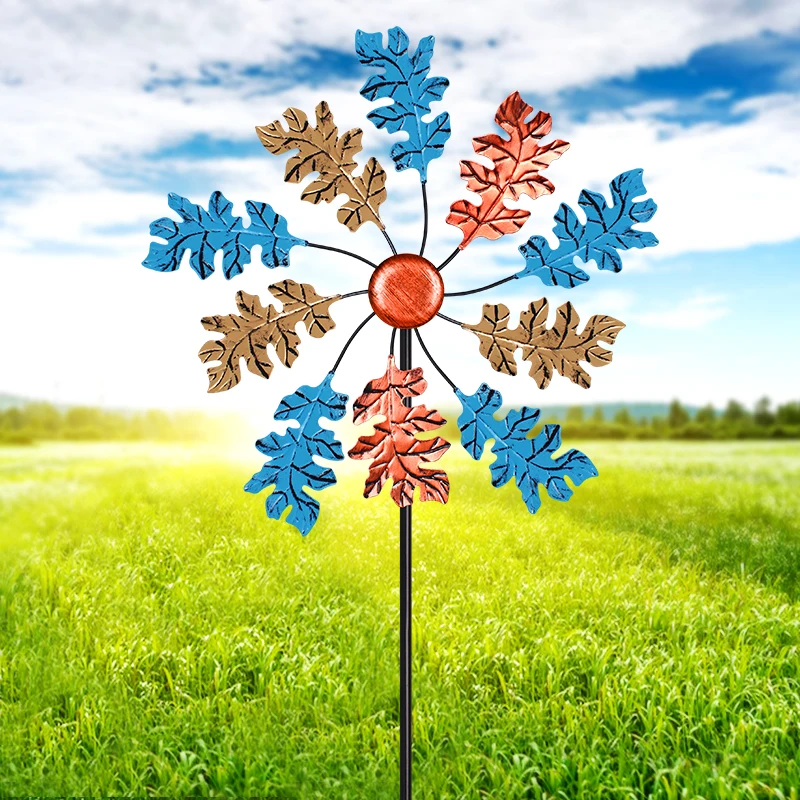 

360 ° Вращающаяся металлическая ветряная мельница - дизайн с разноцветными дубовыми листьями, устойчивая к непогоде, садовая подставка, декор для улицы в стиле кинетического искусства
