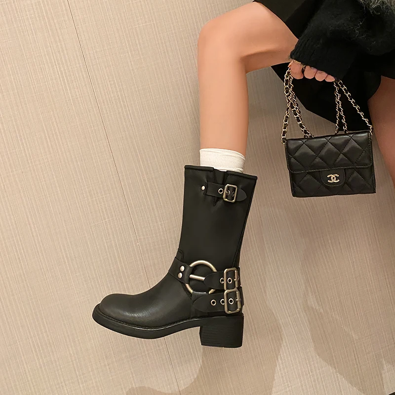 

2026 новые осенне-зимние женские ботильоны 22-25 см из спилка, круглый носок, толстый высокий каблук, ремень с пряжкой, короткие ботинки, современные ботинки