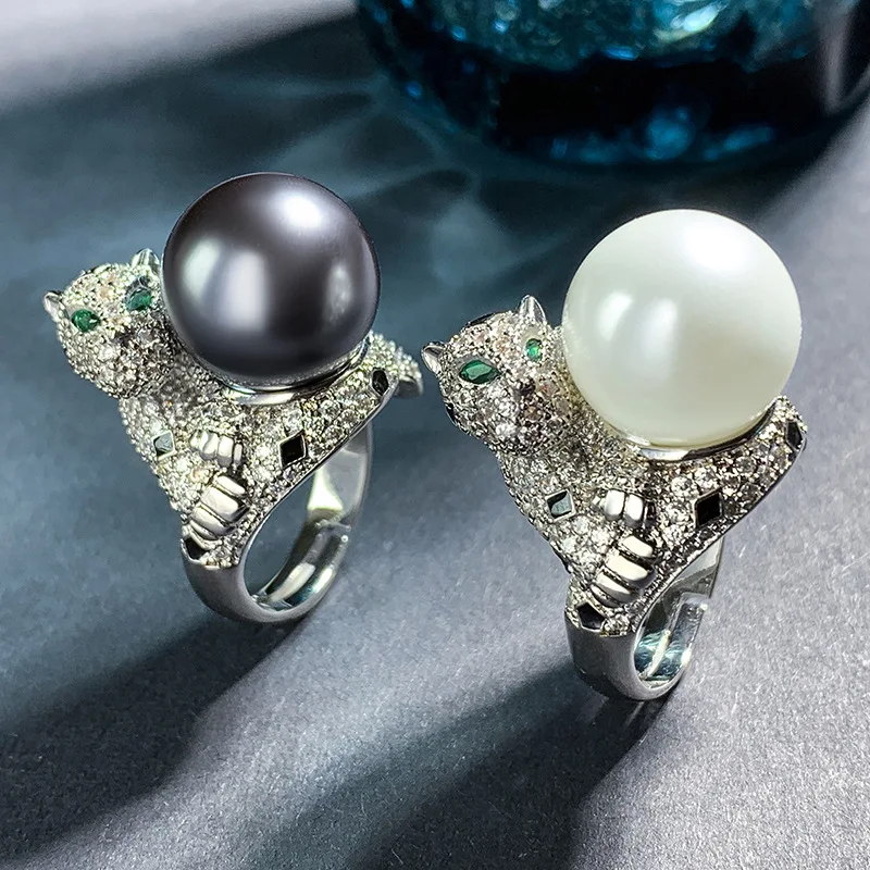 

Jewelry Gold-Plated Freshwater Pearl Full Diamond Luxurious Leopard Temperament Light Luxury Pearl Ring Jewelry
