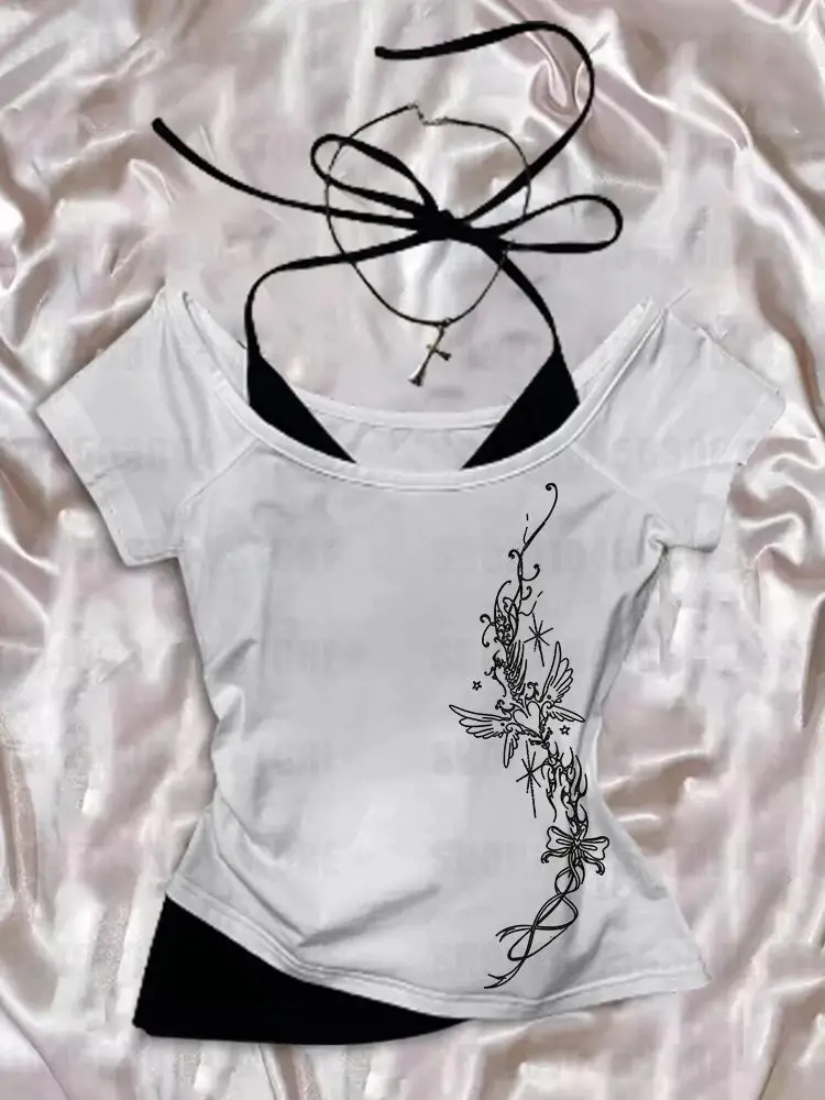 서브컬쳐 여성 의류 Y2K 펑크 티셔츠 아메리칸 레트로 스윗 섹시 숏 여성 의류 여름 캐주얼 인기 상의