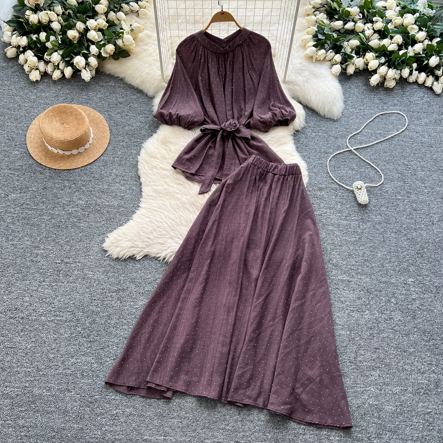 

Комплект из двух предметов, милое платье с трехмерными рукавами-фонариками, женская модная летняя юбка, женская одежда