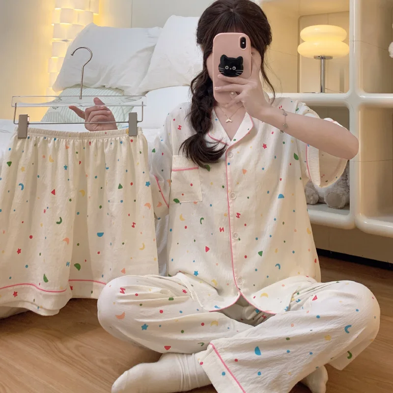 New Summer Pajamas Loungewear Three-Piece Set of Advanced Sense of Cloud Cotton Pajamas Cartoon Moon Stars Printed Loungewear