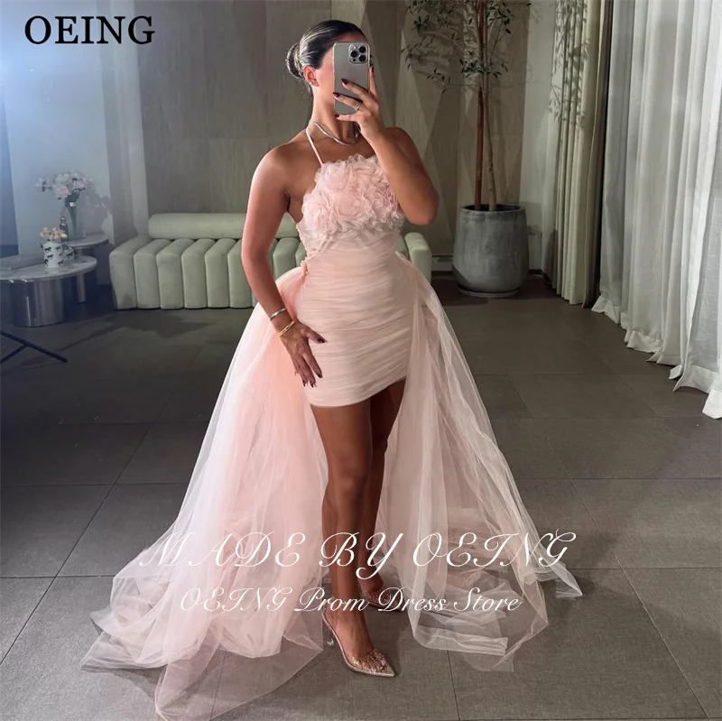 OEING Elegant Mermaid Prom Dress Mini Princess Pink 3D Flowers Gala Party Dress With Detachable Train vestidos Customized 5