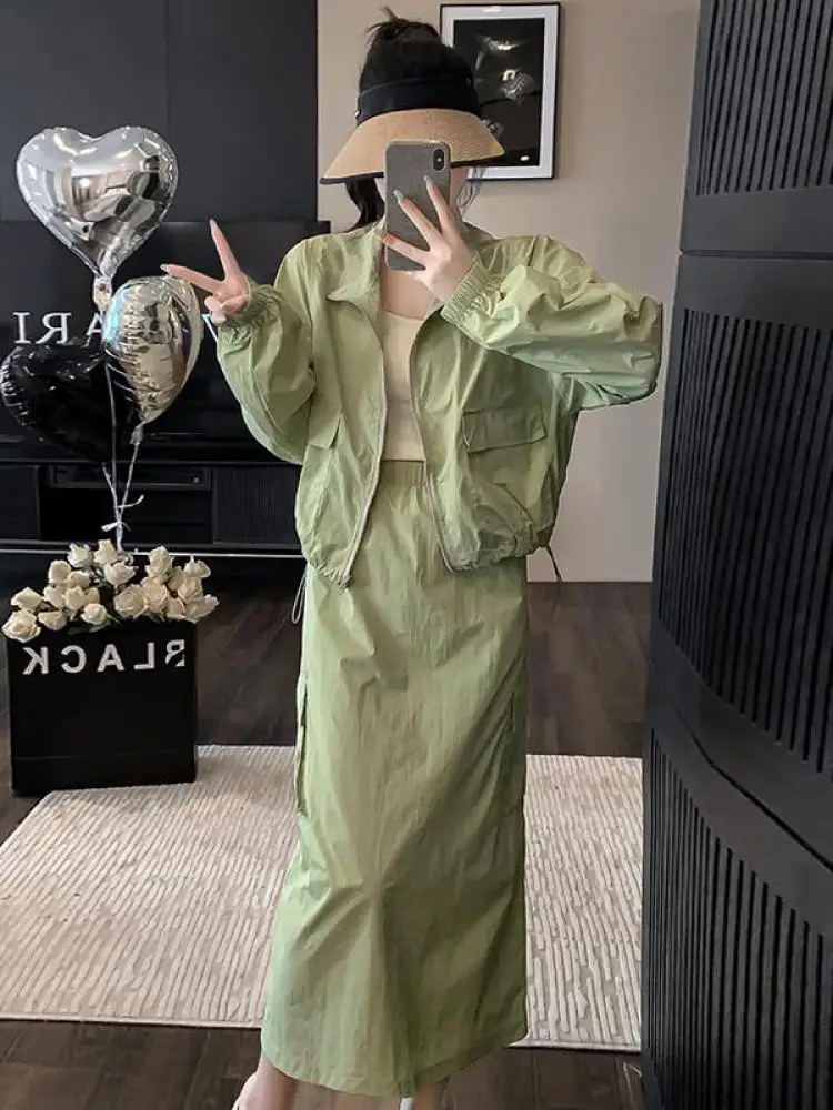 

Two Piece Set Women Long Sleeves Top High Waist Skirt Sun Protection Casual Clothes Temperament High-end Outfits Summer