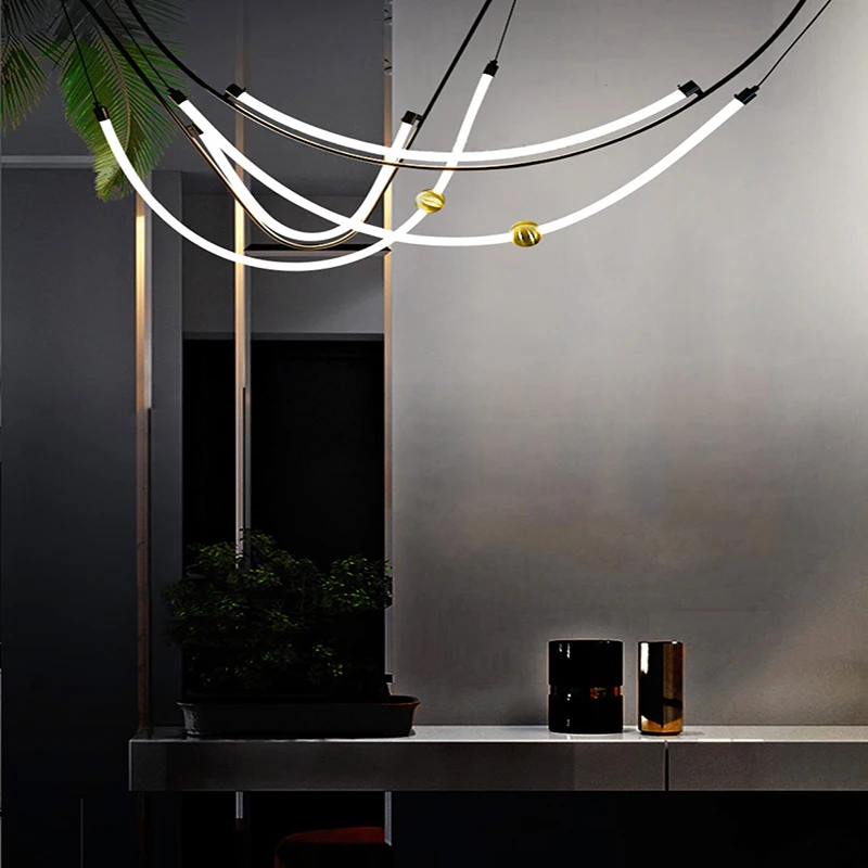 Art Home Decor Black LED Dimmable Line Chandelier Haning Lighting Lumunaire Indoor Suspension Lamp For Living Room Bedroom Bar