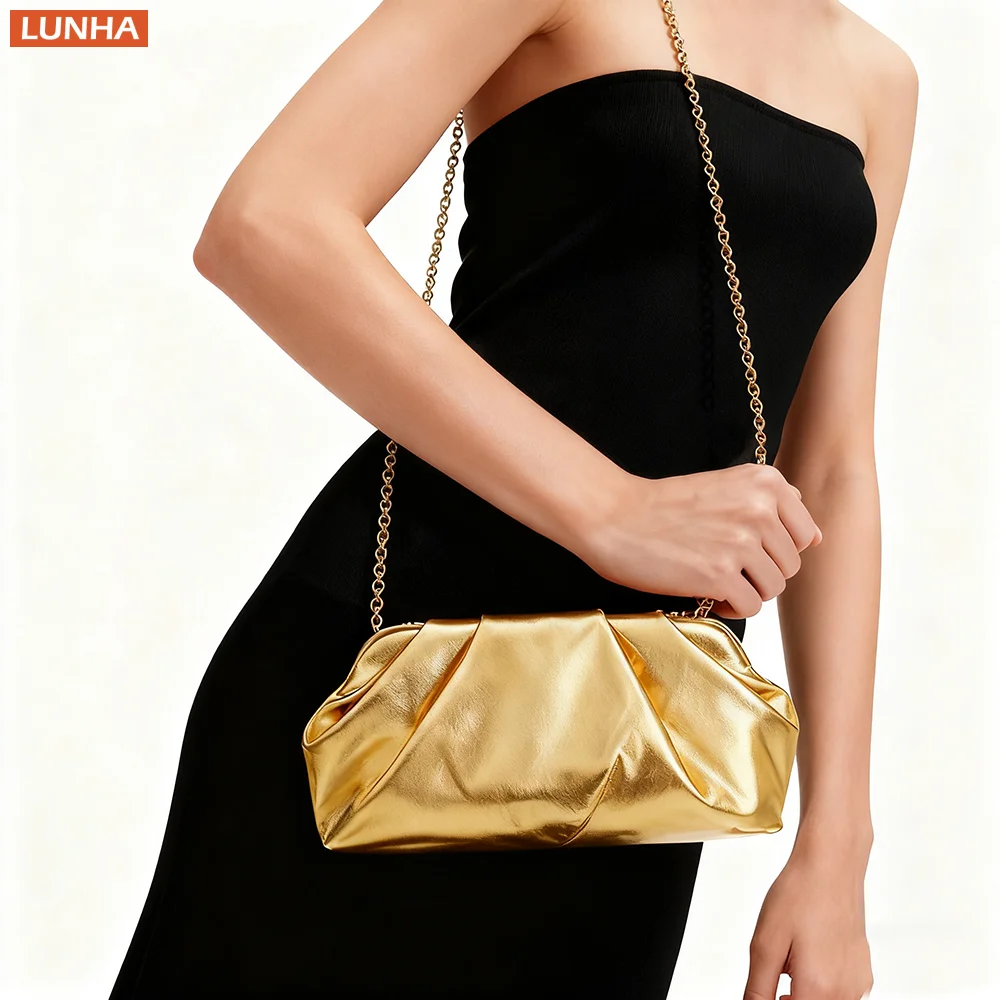 

Women's Luxury Gold Pleated Frame Clutch Bag Chain Shoulder Strap Cloud Like Evening Purse for Lady Wedding Dinner Banquet Party