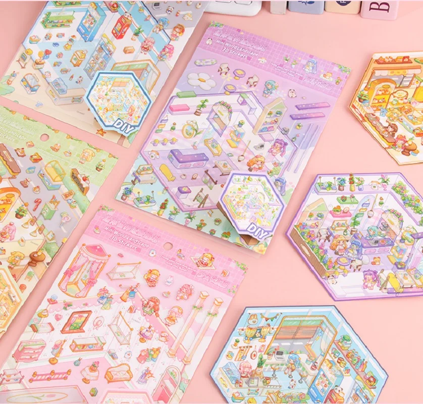 Cartoon Landscape Stickers Cute 3D Miniature House Handmade DIY Decompression Landscape Tent Stickers Painting