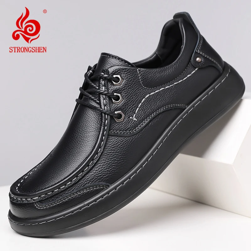 Men Casual Leather Shoes Soft Sole Lace-up Hiking Shoes Middle-aged Man Sneakers Lightweight Loafers Genuine Leather Shoes