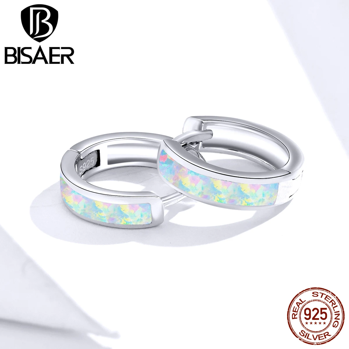 BISAER 100% 925 Sterling Silver Round Ear Clip Circle Hoop Earrings Opal Plated platinum For Women Wedding Luxury Jewelry Gift