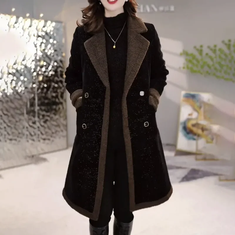 

Plus velvet Thick Woolen Windbreakers Jacket Women's Overcoat 2024 Autumn Winter New Loose Slimming Warm Lamb Plush Woolen Coat