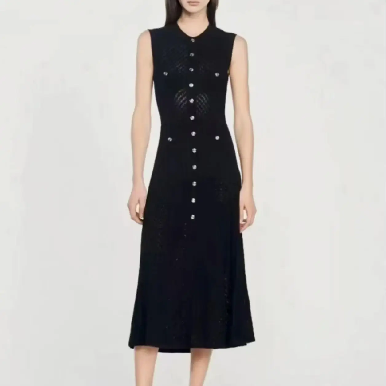 

Summer New Fashionable Temperament Commuting Single Breasted Round Neck Sleeveless Slim Fit Hollow Out Lady Long Knitted Dress