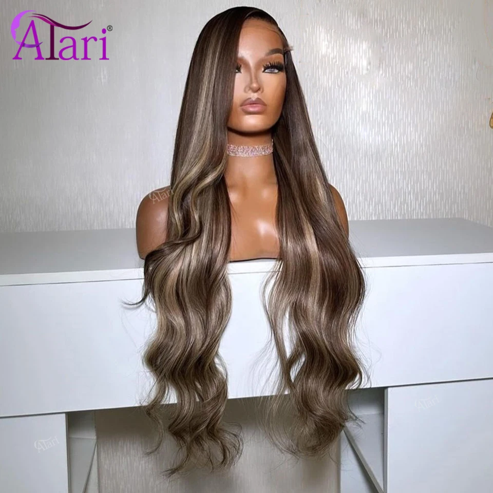 Brown Highlights Blonde 13x6 13x4 Lace Frontal Human Hair Body Wave Wig Transparent Black with 27 Straight 5x5 Closure Lace Wig