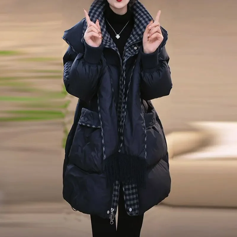 

Теплая зимняя парка 2026: Новое пальто на хлопковом утеплителе для женщин, свободное повседневное пальто с отстегивающимся воротником-шарфом и капюшоном