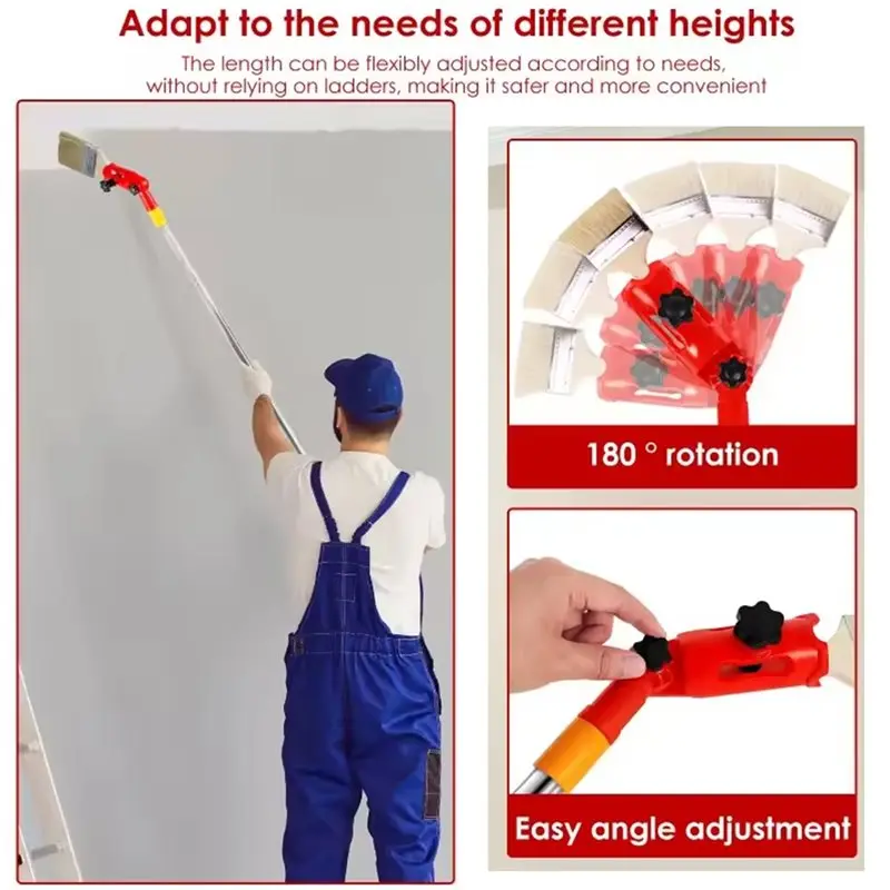 Y02A For Effortless Ceiling& Wall Painting Tool- Adjustable Paint Roller With Extension 6Pcs Pole And 1 Pc Brush 180° Swivel Hea