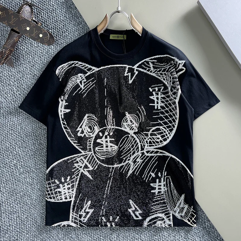 Alex Plein Rhinestones Teddybear Diamond Streetwear Men\'s Fashion Couple Clothing 2023 Summer Round Neck Shortsleeve Tshirt New