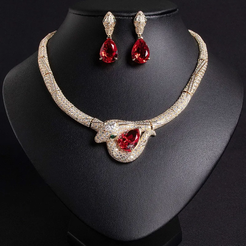 

Designer Collection Style Necklace Earrings Inlay Full Cubic Zircon Synthetic Drop Shape Gemstone Snake Snakelike Jewelry Sets